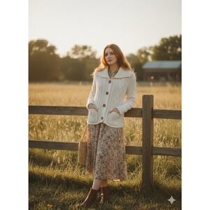 Vintage Cream Cable Knit Cardigan Chunky Coquette Cottagecore Sweater Womens S/M